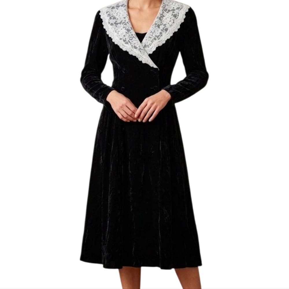 SCOTT McCLINTOCK Women's Black Velvet Dress with Lace Colla Size 6 Vintage